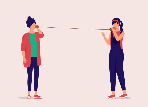 Two Young Woman Connecting Each Other With A Cup Phone. Two Young Woman Using Paper Cup Phone To Talk And Listen To Each Other. Isolated On Color Background. string telephone stock illustrations