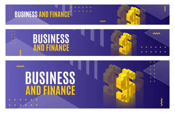 Vector illustration of Set of horizontal banners in popular sizes on the theme of business and finance. Vector illustration