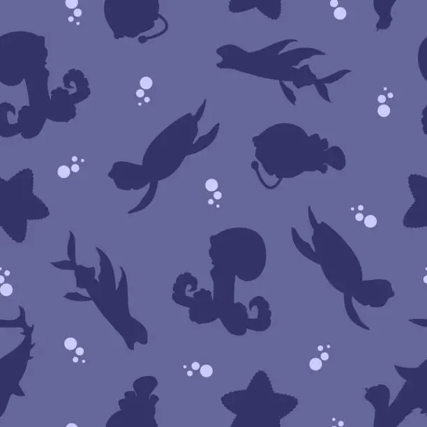 Vector illustration of Pattern of marine animals and fish in silhouette style for print and design.Vector illustration.