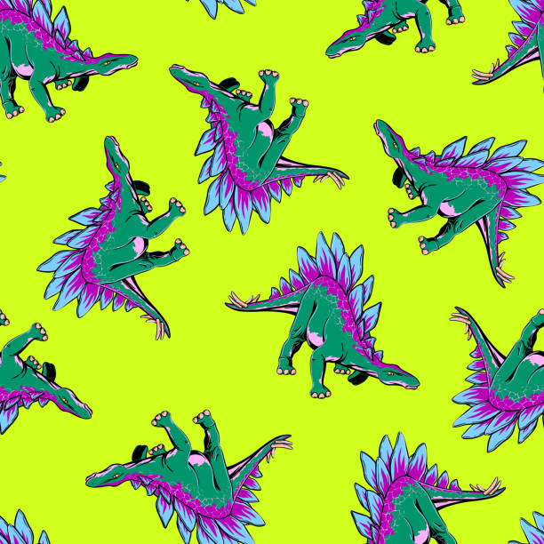 istock Multicolored pattern of stegosaurus on light green background in hand drow style for print and design. Vector illustration. 1452258350