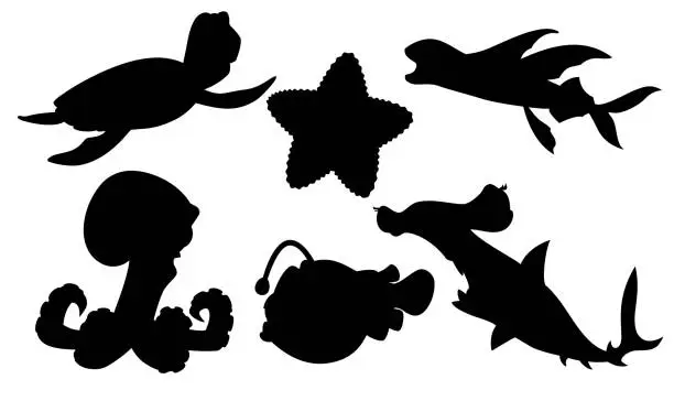 Vector illustration of Set of cartoon animals of the underwater world in silhouette style for print and design. Vector illustration.