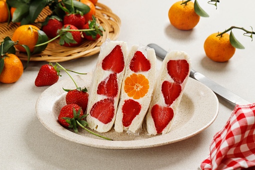 Japanese Fruit Sandwich with Cream and Various Fruit, Popular Japanese Healthy Snack