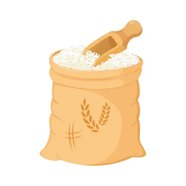 Vector illustration of Bag open with mountain of rice by scoop. Basmati harvest. Vector illustration of cereal products packaging