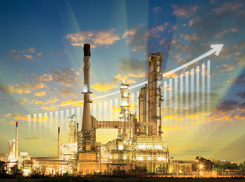 Oil gas refinery plant. May called petroleum, production or petrochemical plant. Industrial factory construction from engineering technology with steel pipe, pipeline, tank. Include arrow, graph or bar chart. Increase trend or growth of production, market price, demand, supply. Concept of business, industry, fuel, power energy.