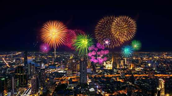 Firework festival in Bangkok at night, thailand.