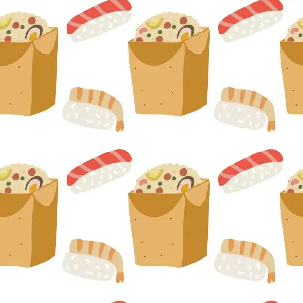 Vector illustration of Rice in box with sushi seafood seamless pattern. Asian food seamless pattern. Background asian seafood vector illustration on white background. Seamless pattern for menu, packaging design.