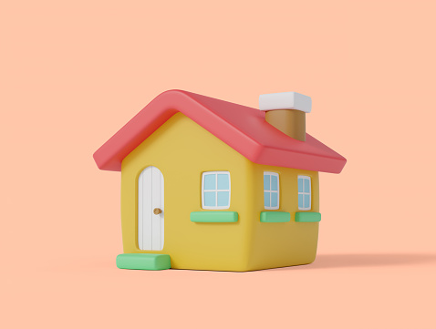 Cartoon style colorful cute yellow house like toy isolated on pastel background 3d render