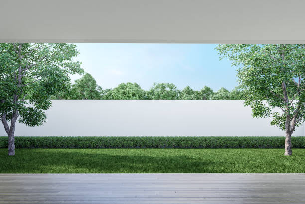 istock Empty wooden terrace with green lawn garden 3d render 1452264974