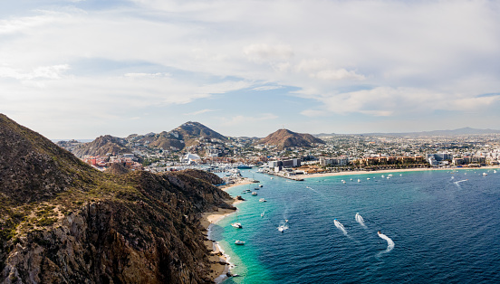 Drone Panorama Cabo San Lucas Marina on a Sunny Day with Pretty Clouds