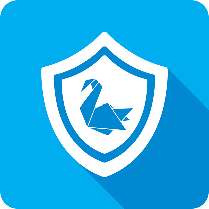 Vector illustration of a shield with origami swan icon against a blue background in flat style.