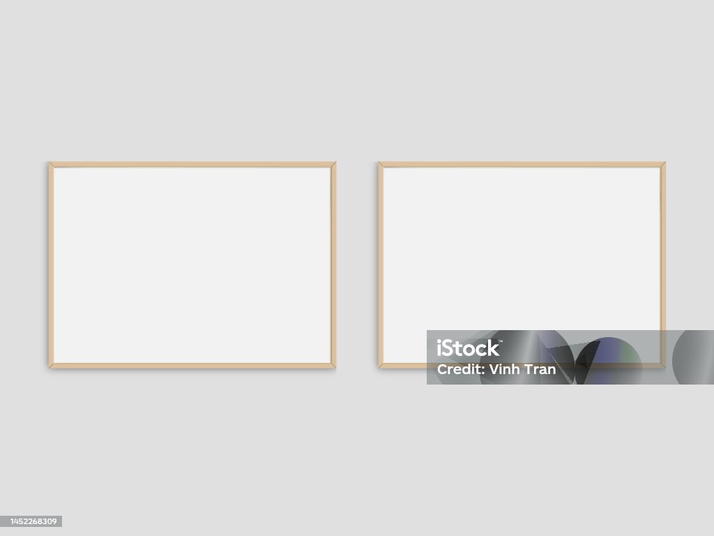 Set of 2 realistic photo frames mockup. Landscape a3, a4 wooden frame mockup on white blank wall. Simple, clean, modern, minimal poster frame. White picture frame mockup. International paper size Landscape - Scenery Stock Photo