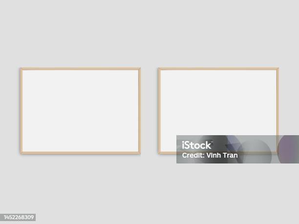Set Of 2 Realistic Photo Frames Mockup Landscape A3 A4 Wooden Frame Mockup On White Blank Wall Simple Clean Modern Minimal Poster Frame White Picture Frame Mockup International Paper Size Stock Photo - Download Image Now