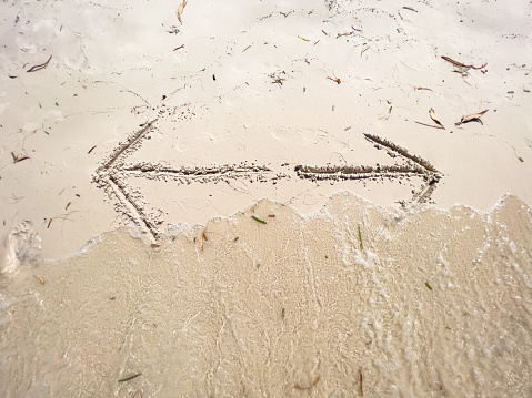 Directional arrows drawn on the sand. The concept of choice without people