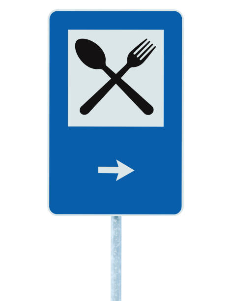 istock Restaurant road sign, grey pole post, roadside assistance signage, blue white isolated bistro dinner bar cafe cafeteria catering service, black fork, spoon icon, right side pointing traffic arrow, large detailed vertical closeup 1452270216
