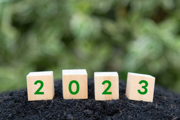 istock wooden blocks cubes. New year 2023 concept 1452272482