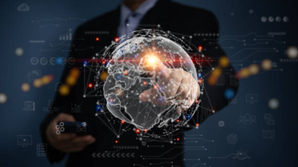 istock Digital technology communication cyber global network. Business big data and marketing concept WEB 3.0.hand touch globe internet. 1452272492
