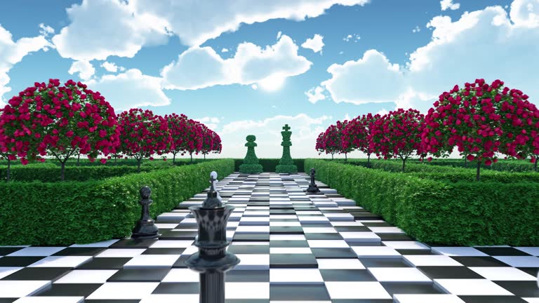 Maze garden 3d render illustration. Chess, trees with red flowers and clouds in the sky. Alice in wonderland theme.