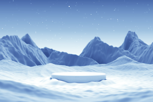 platform podium soft white ice cool cold chill concept. product display iceberg snow mountain night sky blue atmosphere. commercial advertisement for skincare cosmetic or beauty. 3D Illustration.