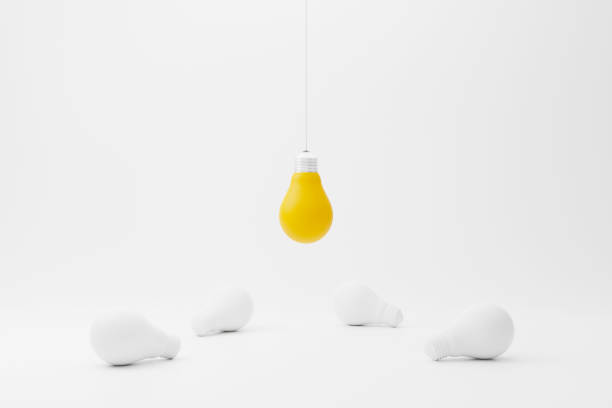 istock Hanging light bulb yellow outstanding among lightbulb group. Concept of creative idea and innovation, Unique, Think different, Individual and standing out from the crowd. 3d render illustration 1452281113