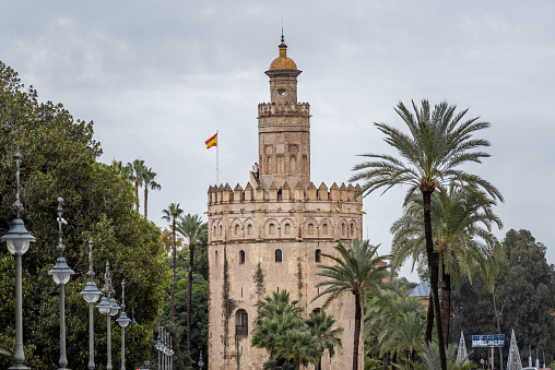 Golden tower Torre del Oro in Seville, Andalusia, Spain on 7 December 2022