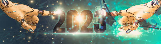 istock Happy new year 2023,concept digital technology trends,robot hand touch icon,is full modernity advanced technology,artificial intelligence or AI,futuristic network background,banner header panoramic 1452285500