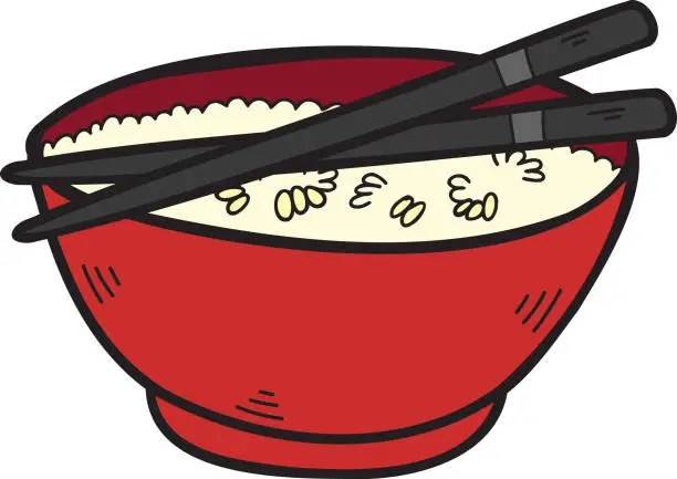 Vector illustration of Hand Drawn rice bowl and chopsticks Chinese and Japanese food illustration
