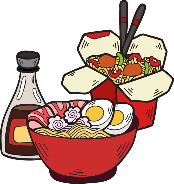 손으로 그린 국수와 인스턴트 국수 중국과 일본 음식 그림 - chopsticks nobody red white background stock illustrations