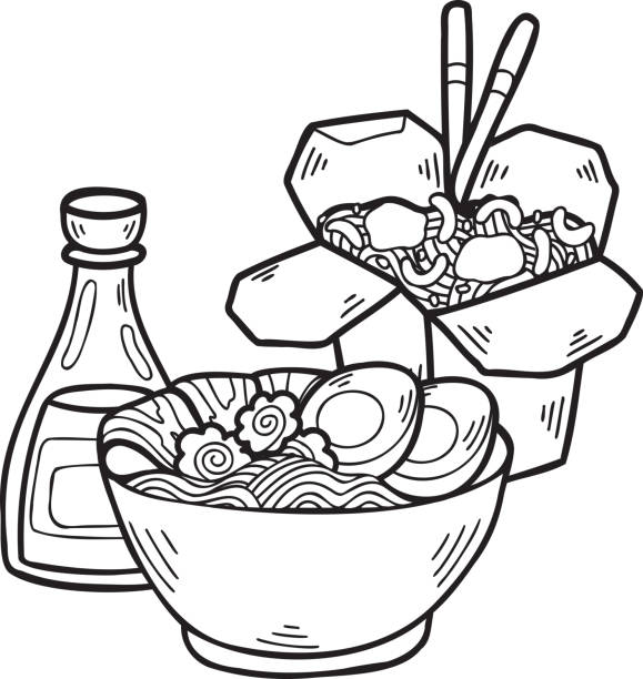 illustrations, cliparts, dessins animés et icônes de nouilles dessinées à la main et nouilles instantanées illustration culinaire chinoise et japonaise - chopsticks nobody red white background