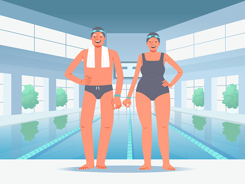 Seniors against the backdrop of the pool. Happy elderly swimmer couple in full length. Active recreation in old age. Vector illustration in flat style