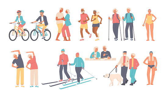Set of elderly people engaged in outdoor activities. Seniors ride bicycles, dance, run, hike, walk, eat, skiing. Vector illustration in flat style