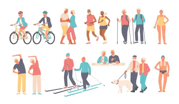 Vector illustration of Set of elderly people engaged in outdoor activities. Seniors ride bicycles, dance, run, hike, walk, eat, skiing. Vector illustration in flat style