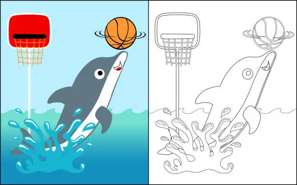 Vector illustration of Coloring book vector with dolphin playing basketball in water