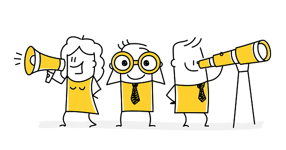 Man with binoculars and spy glass, women with loudspeaker. Concept employee, job and candidate search. Stick figure. Doodle style. Vector illustration.