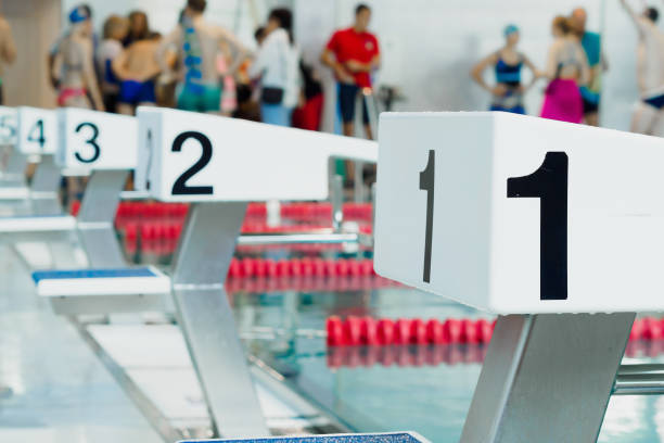 istock Starting table with numbers for diving in Olympic pool. Swimming pool for competitions with lane demarcation. Background. 1452293995