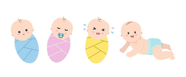 Vector set of cute babies clipart. Simple cute baby with different emotions swaddled in blue, pink, yellow blanket wrap, and blue diaper. Smiling, crying, sleeping, crawling baby cartoon style.