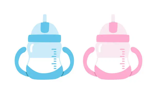 Vector illustration of Vector set of blue and pink baby sip cup clipart. Simple cute baby water bottle for children drinking flat vector illustration. Baby sip cup cartoon style. Toddler feeding bottle for baby boy and girl