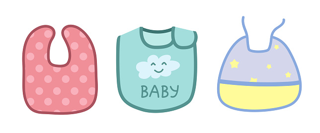 Vector set of cute baby bib clipart. Simple cute bibs for baby feeding flat vector illustration. Baby apron or bib with different pattern designs cartoon style. Kids, baby shower, nursery decoration