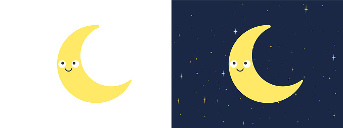 Crescent Moon with kawaii face clipart. Simple cute yellow smiling crescent moon flat vector illustration. Cartoon character happy crescent moon drawing style vector design. Baby shower, nursery decor