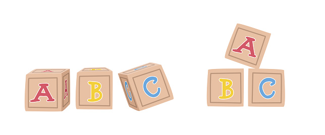 Baby toy wooden letter blocks clipart. Simple cute alphabet blocks that spell ABC flat vector illustration isolated on. Baby blocks cartoon style clipart. ABC blocks vector. Kids, baby shower concept