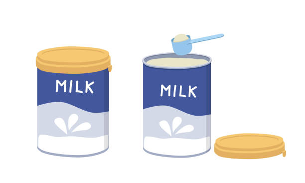 illustrations, cliparts, dessins animés et icônes de ensemble de cliparts de lait en poudre pour bébés ouverts et fermés. le lait en poudre simple en aluminium peut une cuillère à mesurer en plastique bleu complet ou une cuillère à mesure d’illustration vectorielle plate. dessin en conserve de prép - cuillère mesure