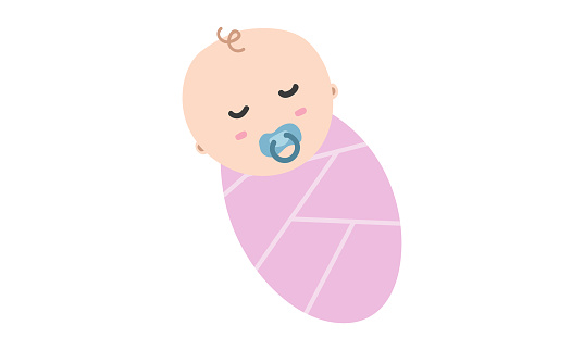 Sleeping baby swaddle clipart. Simple cute sleep baby swaddled in pink blanket flat vector illustration. Infant baby swaddling cartoon style. Kids, baby shower, newborn and nursery decoration concept