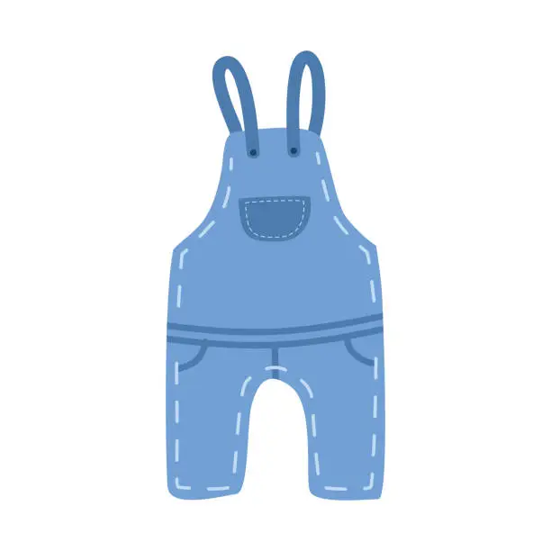 Vector illustration of Baby denim overalls clipart. Simple cute baby toddler blue jean overall flat vector illustration. Baby denim jumpsuit or dungaree cartoon hand drawn doodle style. Kids, baby shower, nursery decoration