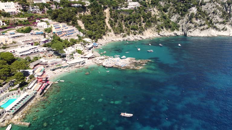 Aerial view of Capri Marina Piccola Beach and coastline, Italy