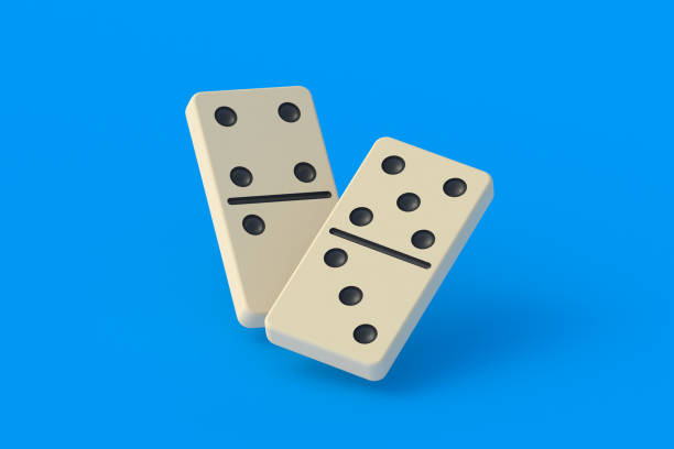 istock Falling domino tiles on blue background. Board game. Entertainment for leisure. 3d render 1452300031