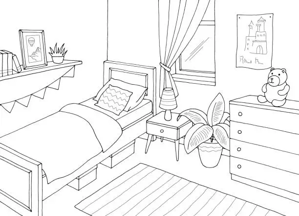 Vector illustration of Children room graphic black white home interior sketch illustration vector