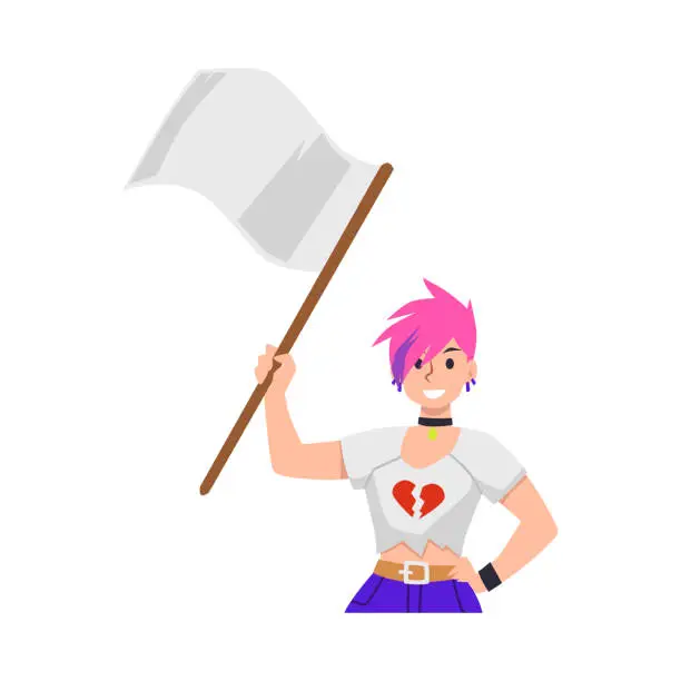 Vector illustration of Teenage girl with pink hair and broken heart on T-shirt holding flag flat style