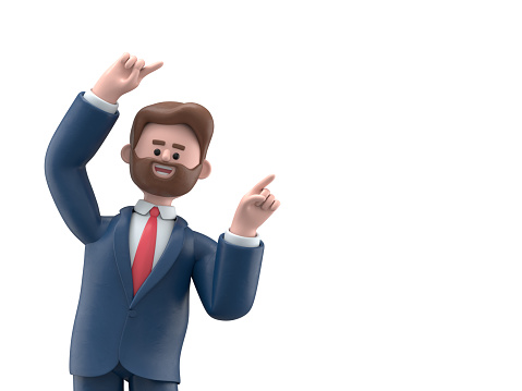 3D illustration of smiling bearded american businessman Bob gesture point finger at copy space portrait.3D rendering on white background.