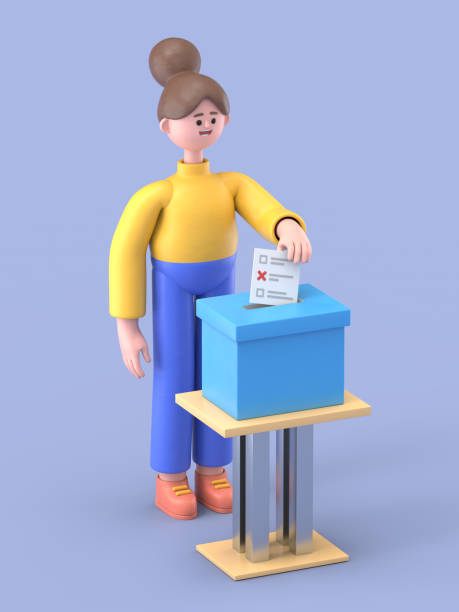 3D illustration of smiling woman Angela putting his ballot paper in a ballot box.3D rendering on blue background. 3D illustration of smiling woman Angela putting his ballot paper in a ballot box.3D rendering on blue background. voter id stock pictures, royalty-free photos & images