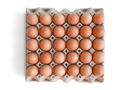 egg tray with fresh brown eggs isolated on white background, clipping path. Fresh organic chicken eggs in carton box.