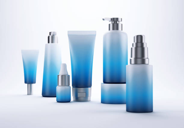 istock Cosmetic products with blue gradient on white background 1452303974